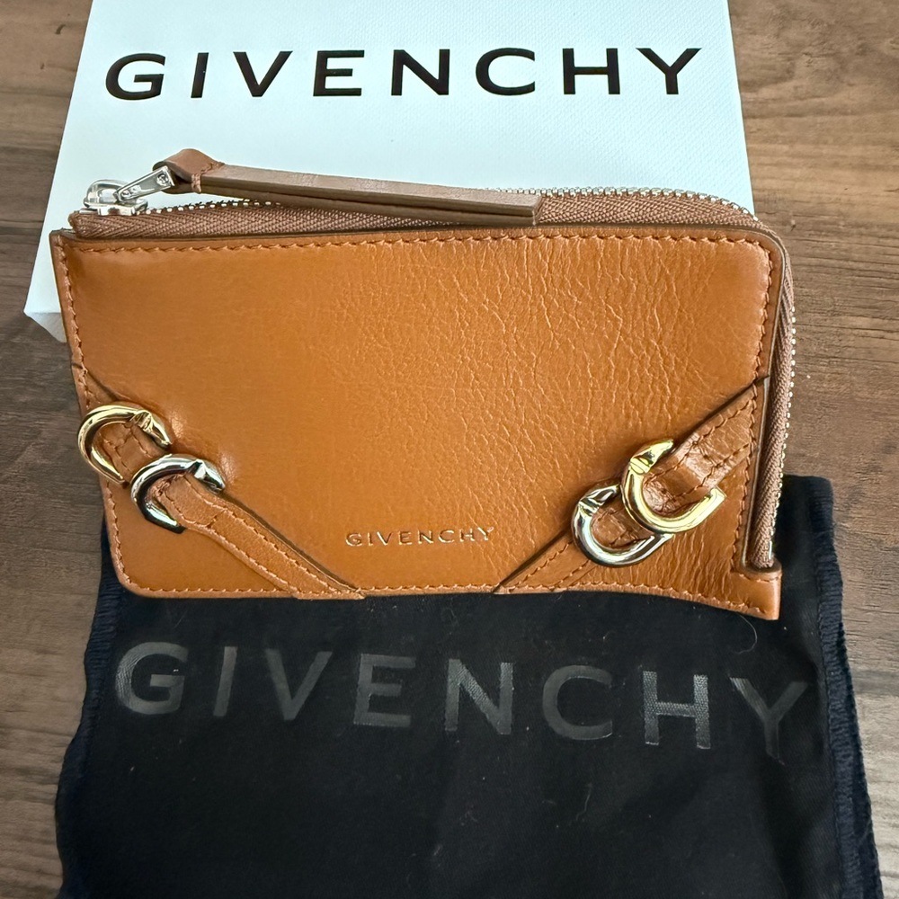 Givenchy Camel Leather Voyou Card Holder with Gold/Silver Accents